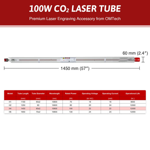 YL CO2 Laser Tube Replacement Specification
