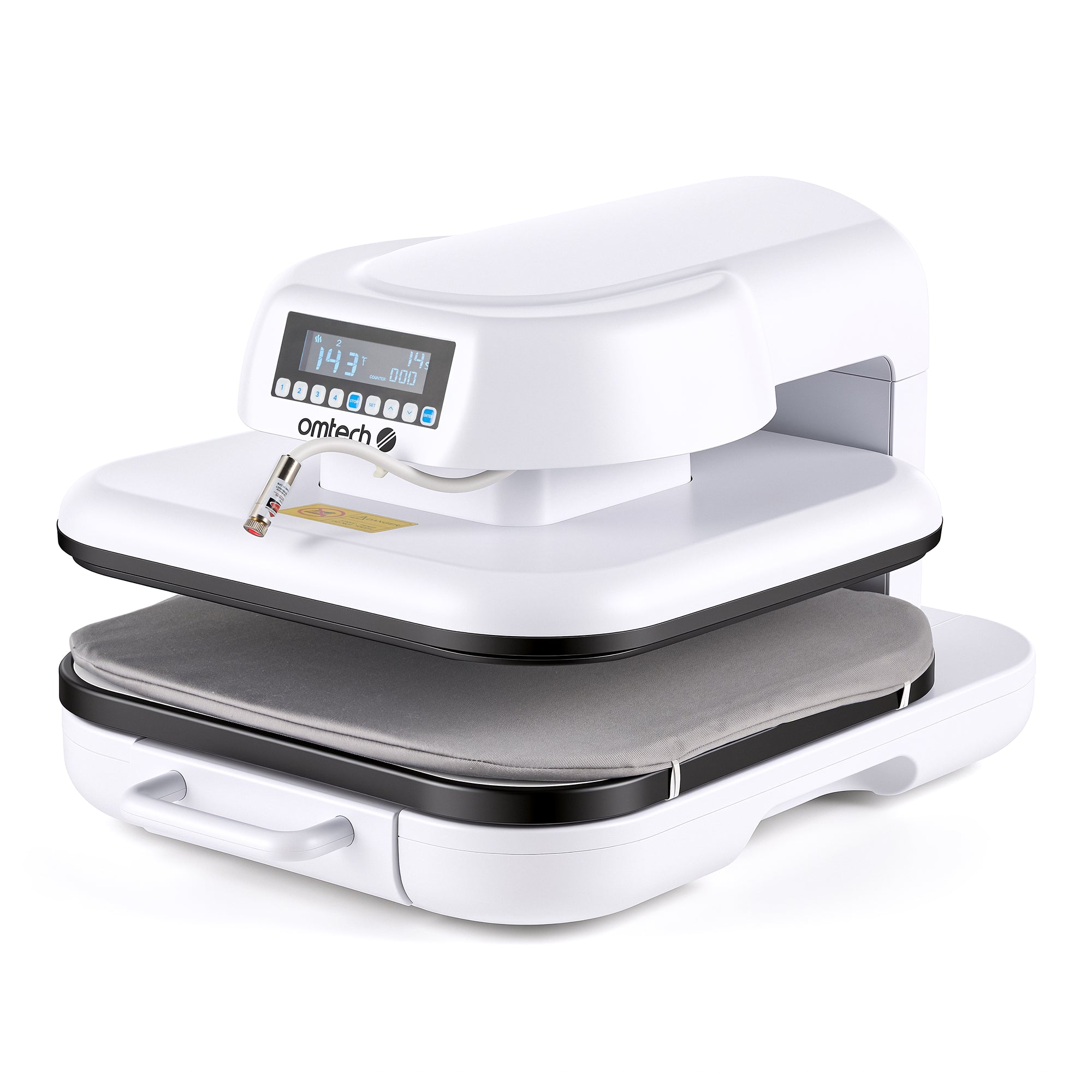 Prensa térmica automática OMTech DTF de 38 × 38 cm con apertura automática, guía láser y bandeja extraíble