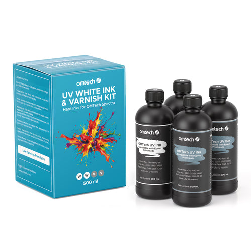 Kit de tintas UV OMTech (4 botellas de 500 ml): tinta blanca y barniz brillante