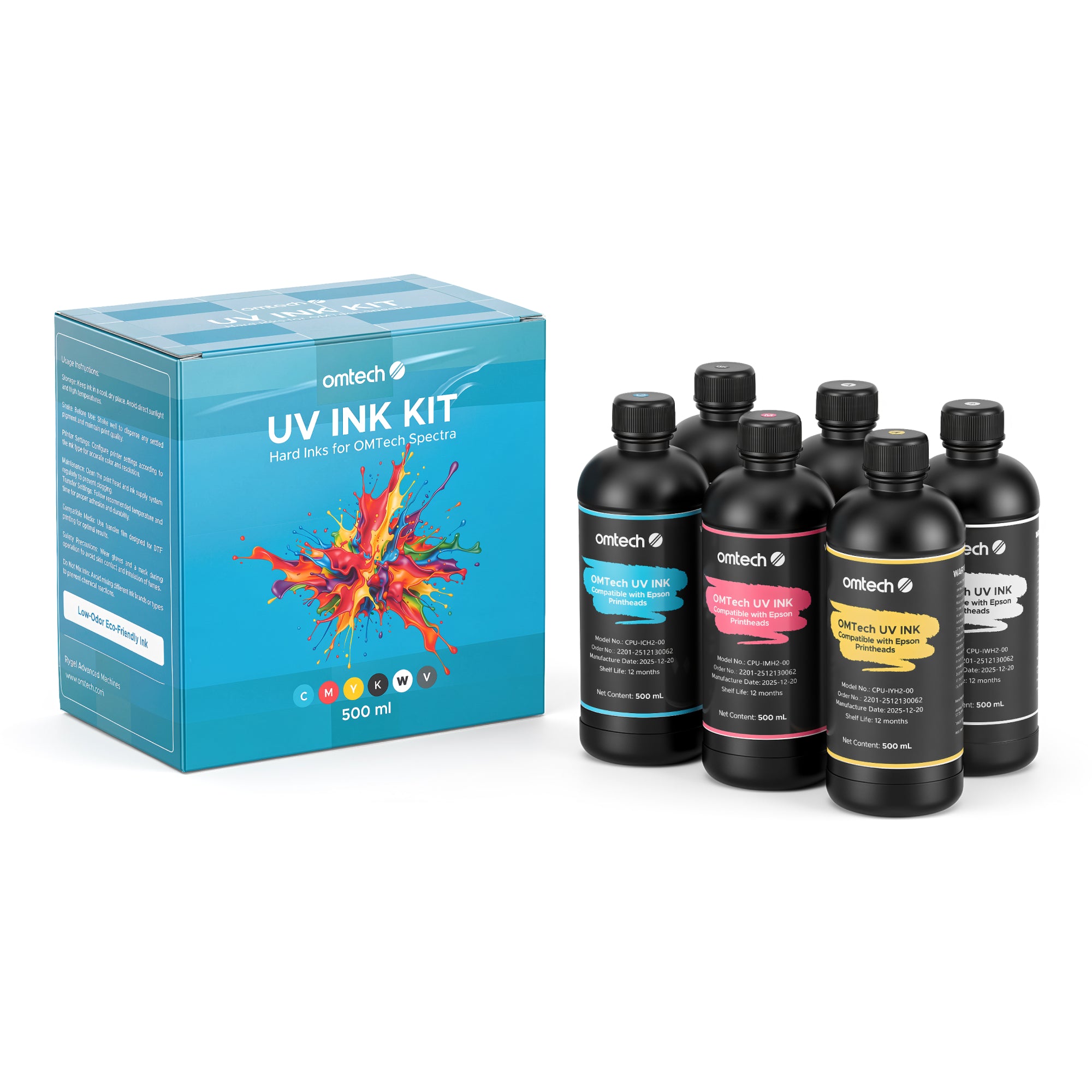 Juego de tinta UV rígida OMTech de 500 ml – Paquete de 6 (CMYKWV)
